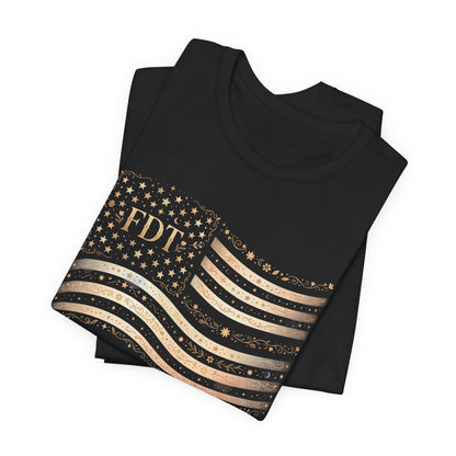 Black t-shirt with gold distressed American flag graphic and "FDT" text.
