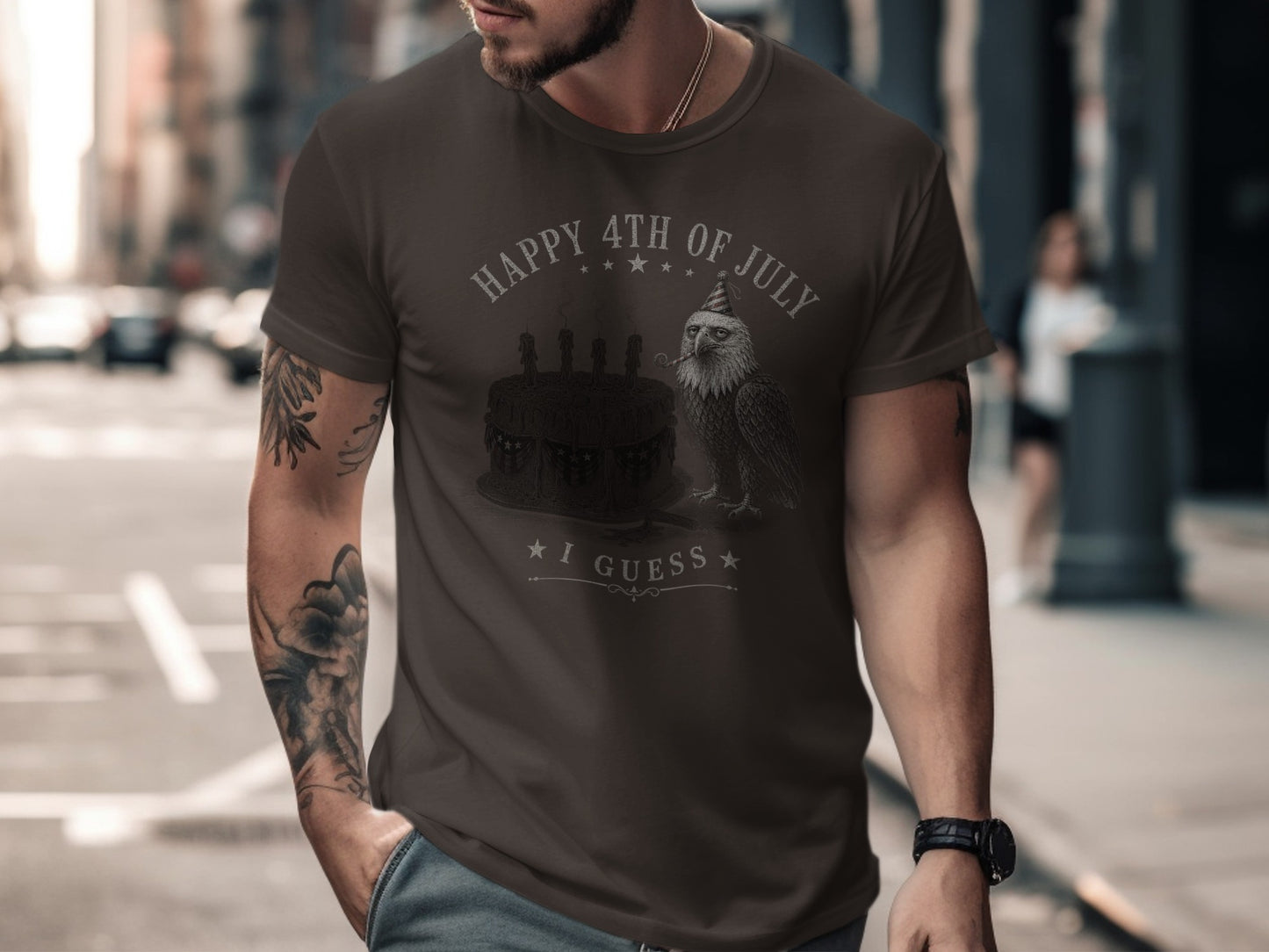 Dark t-shirt with a patriotic eagle, cake, and "Happy 4th of July" text.