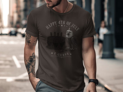 Dark t-shirt with a patriotic eagle, cake, and "Happy 4th of July" text.