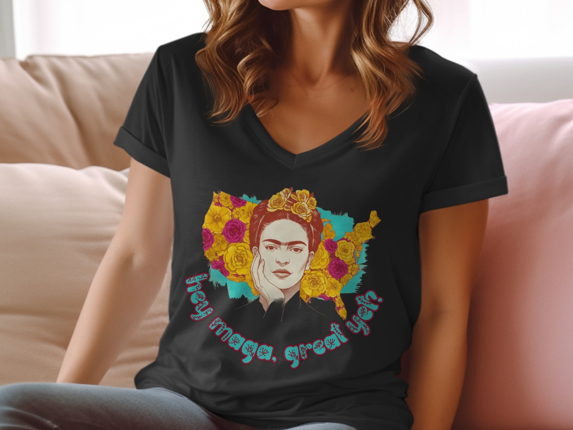 Frida Kahlo Floral Graphic V-Neck T-Shirt