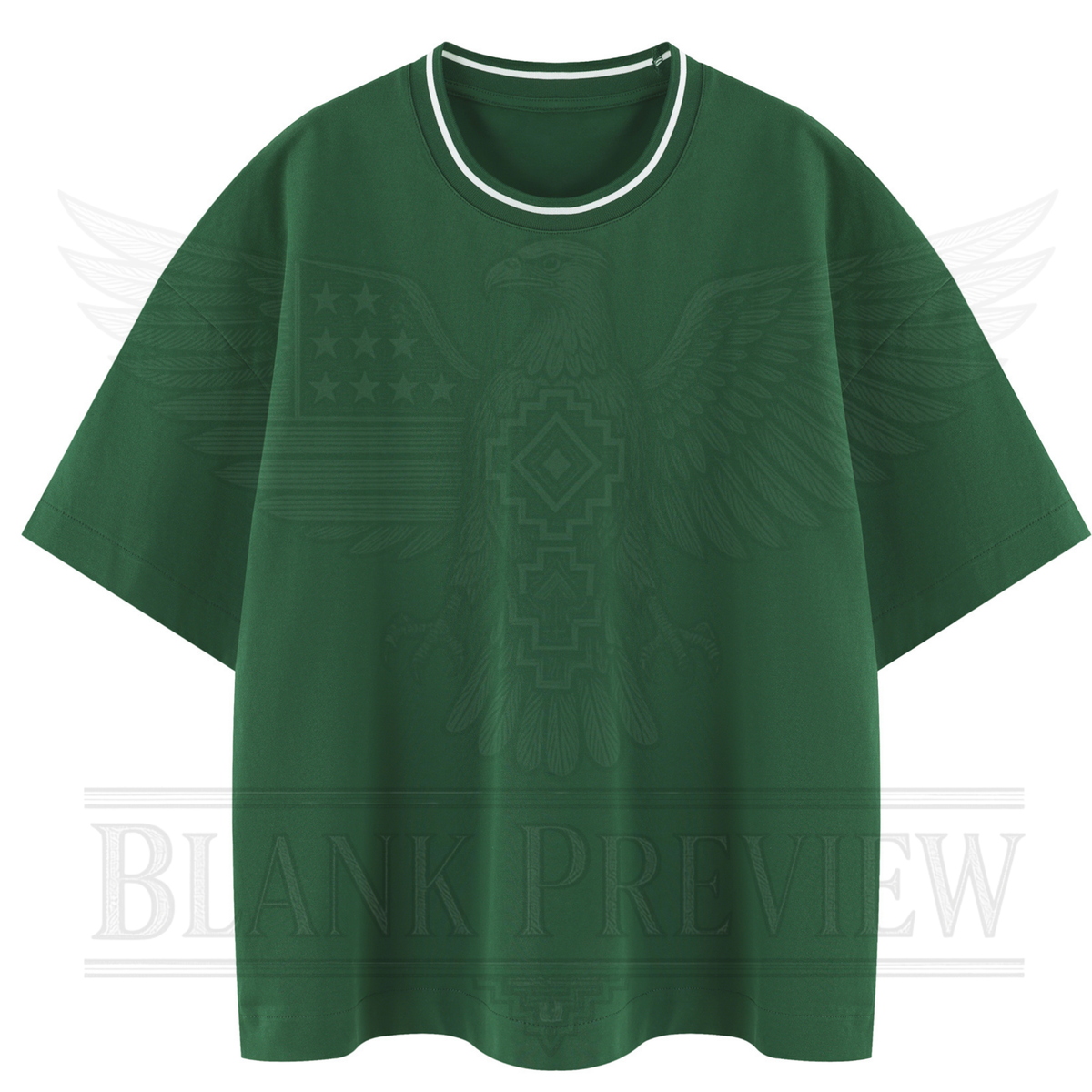 A green t-shirt with a graphic design of an eagle and stars on the front.
