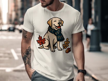 Playful Dog with Leaves and Scarf Graphic T-Shirt