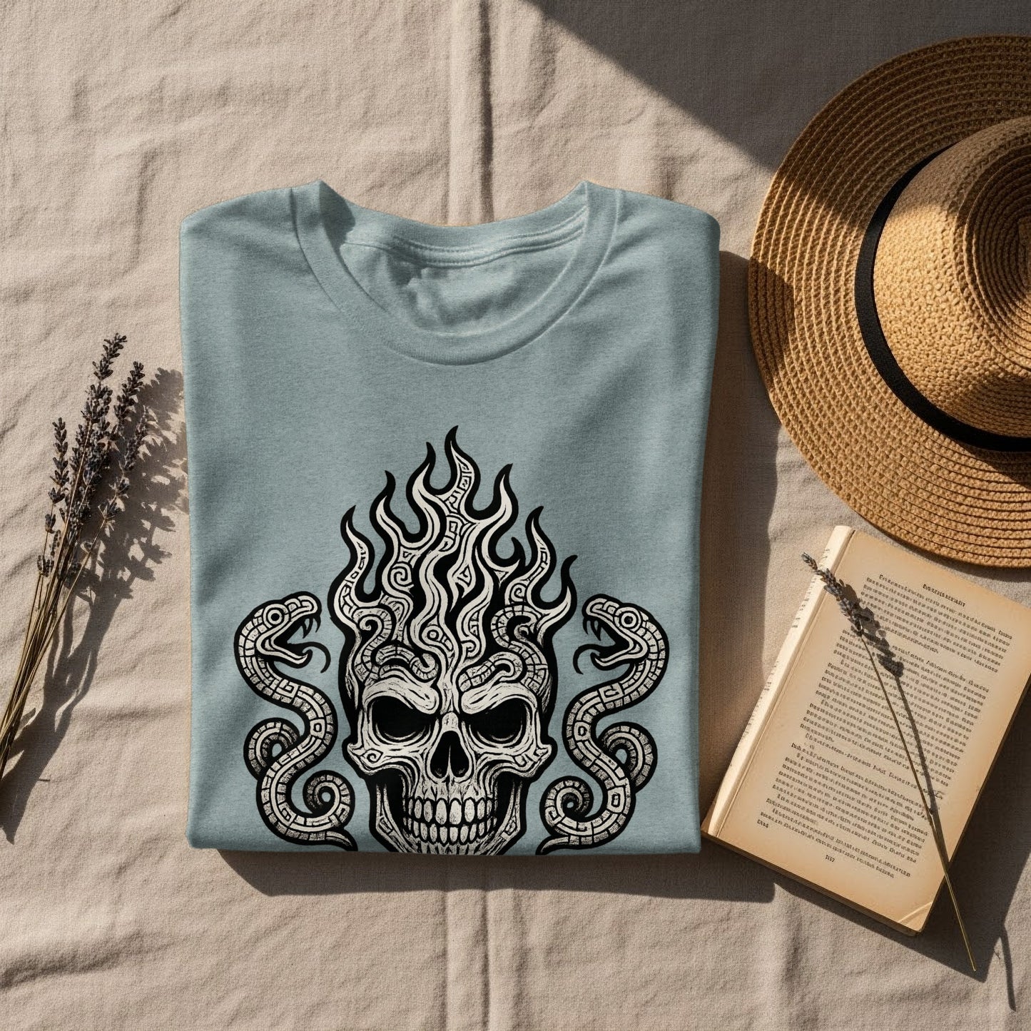 Intricate Skull and Flames Graphic on Stylish Tee