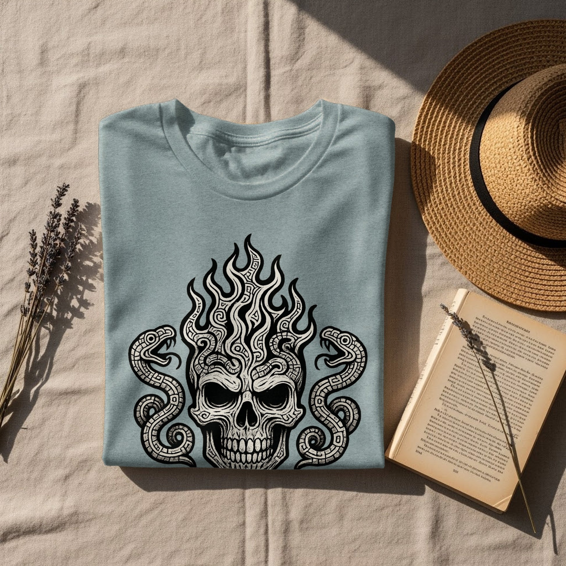 Intricate Skull and Flames Graphic on Stylish Tee