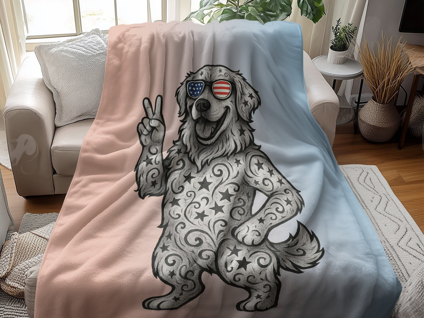 Peaceful Patriotic Dog Illustration on Cozy Blanket product