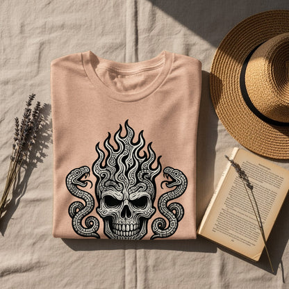 Skull with Flame Design and Serpents Graphic Tshirt