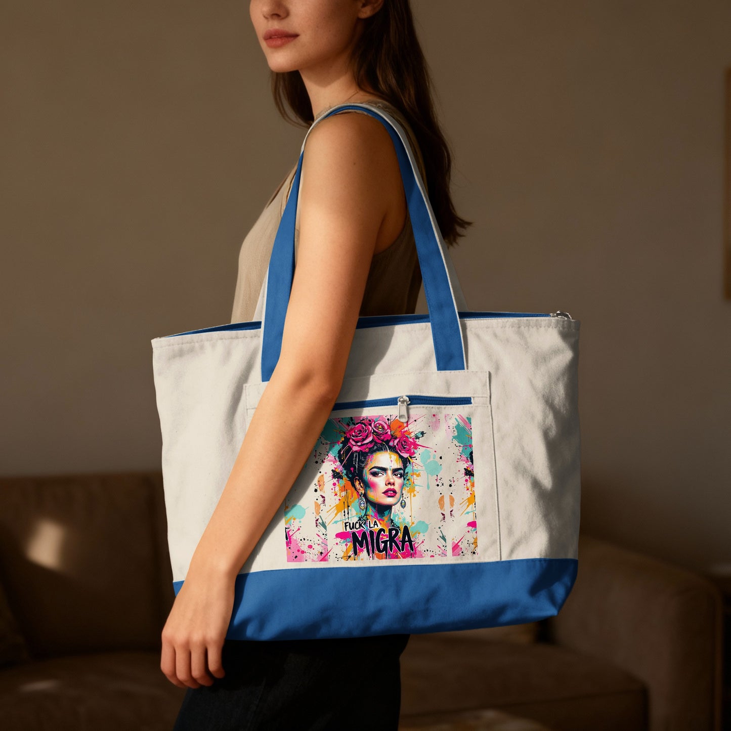 Tote bag with Frida Kahlo-inspired graphic and "FUCK LA MIGR..." text.