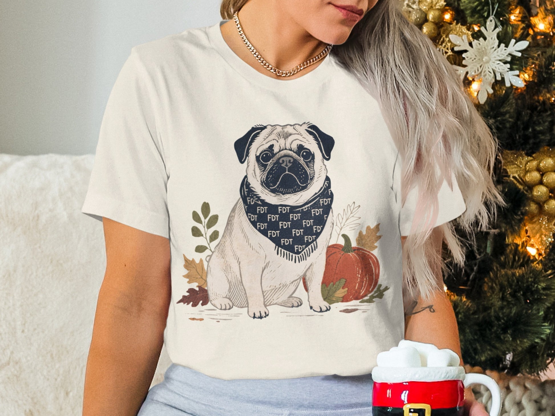 Festive Pug Graphic Tee with Seasonal Design