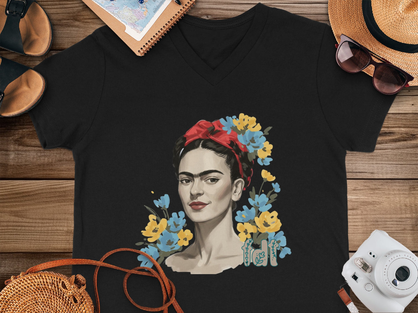 Frida Kahlo Graphic Portrait Floral Design T-shirt
