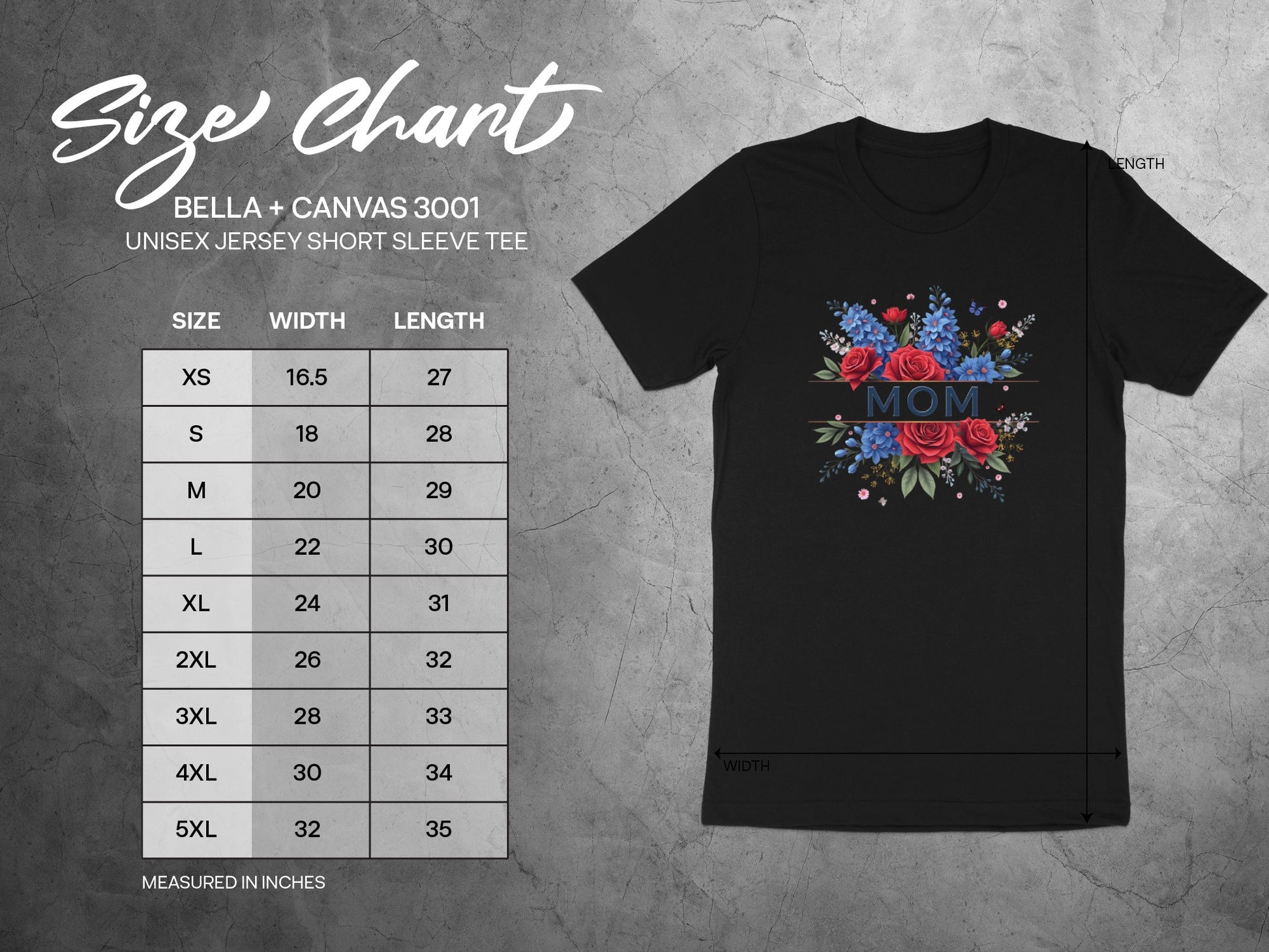 Bella + Canvas 3001 unisex tee size chart with width and length measurements.