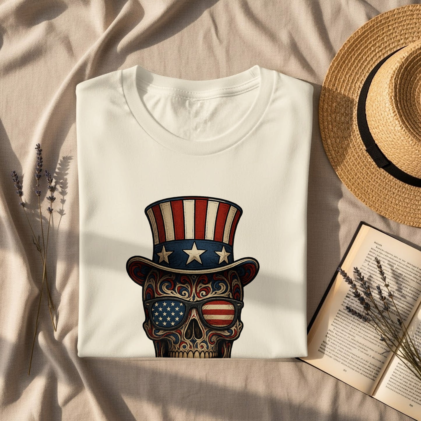Patriotic Skull Wearing American Flag Hat T-Shirt product