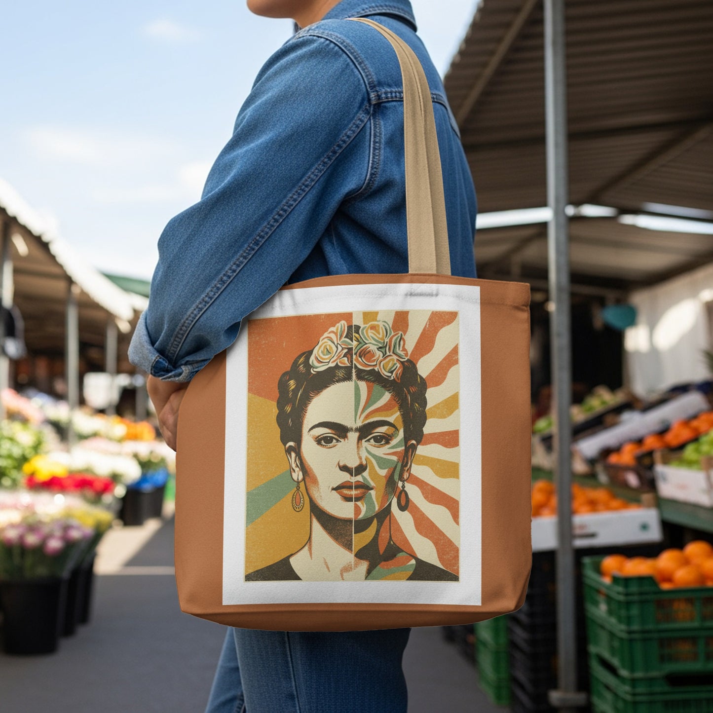 Frida Kahlo portrait on a canvas tote bag.