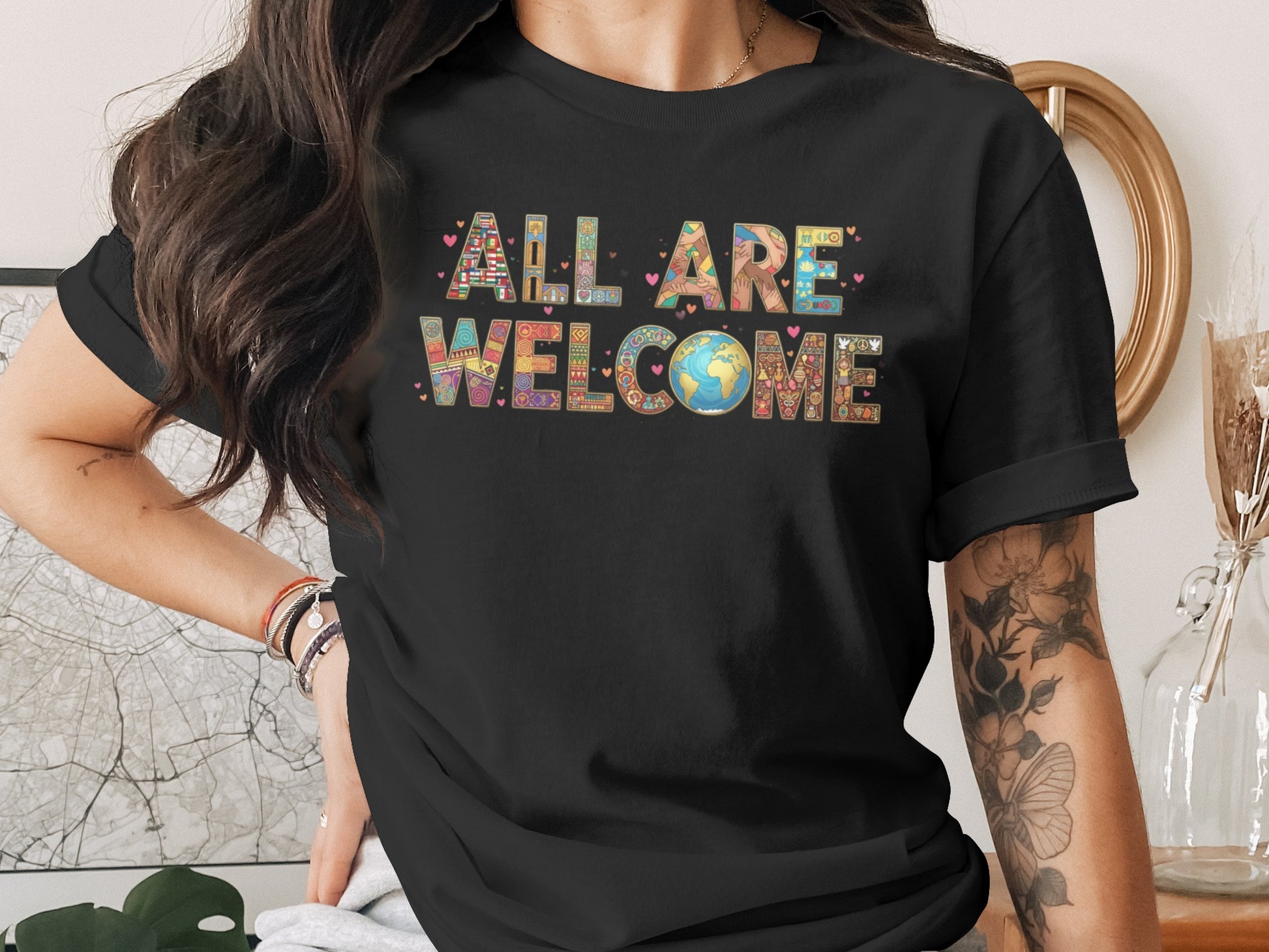 All Are Welcome Letter Typography Graphic T-Shirt