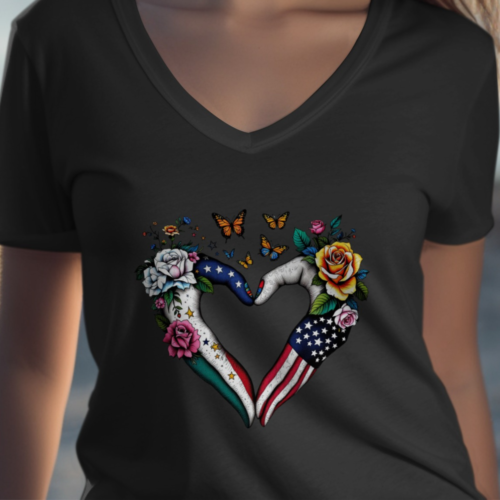 Heart Shaped Hands with Flags and Flowers T-Shirt Product
