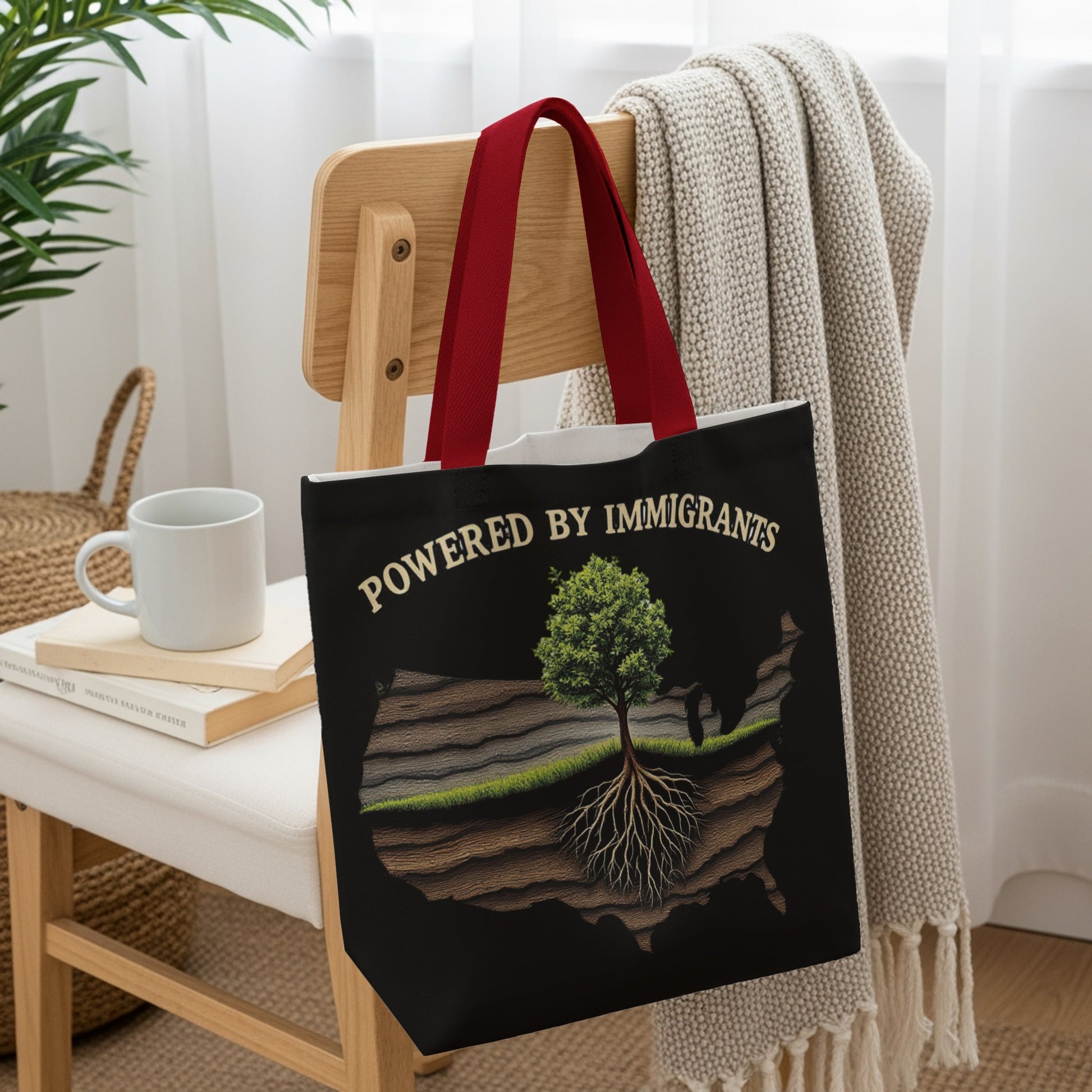 Tote bag with "Powered by Immigrants" text and an illustration of the US with a tree.