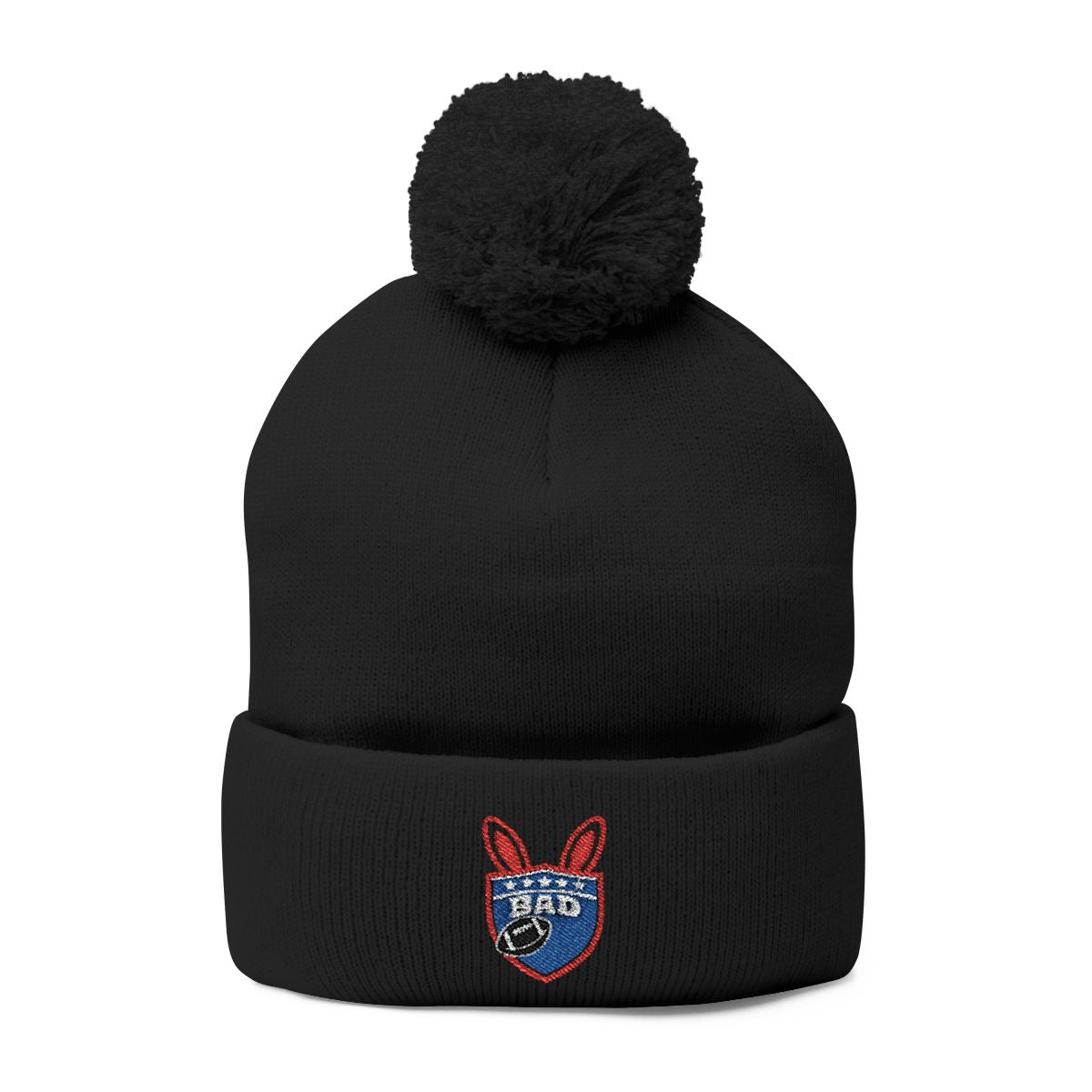 Black Beanie with Embroidered Badge Design Pom Pom Hat