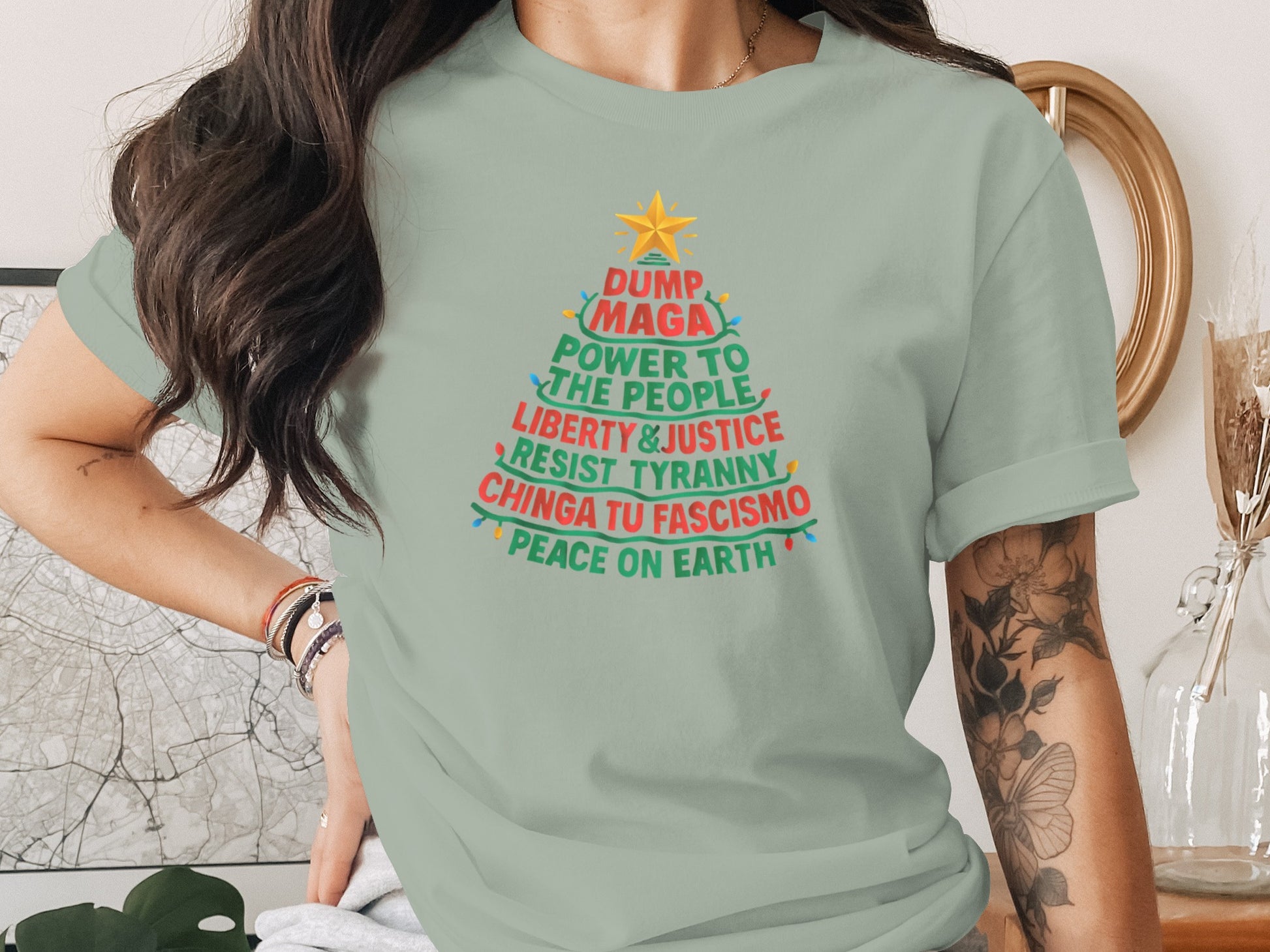 Festive shirt with peace and justice message
