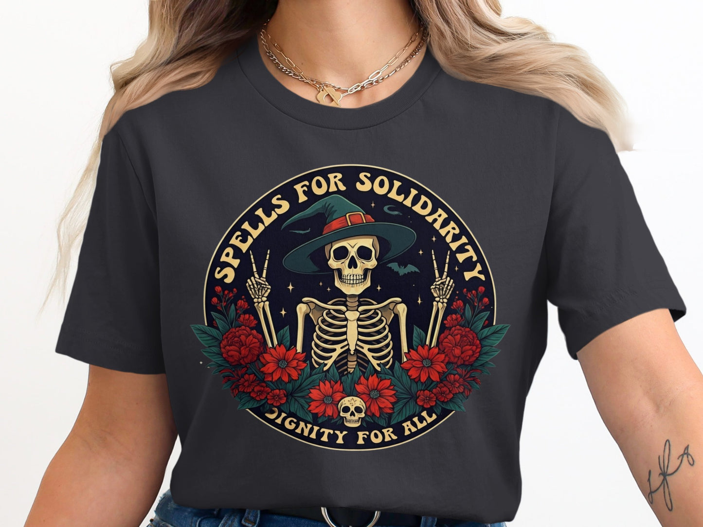 Spells for Solidarity Dignity for All Skull Shirt