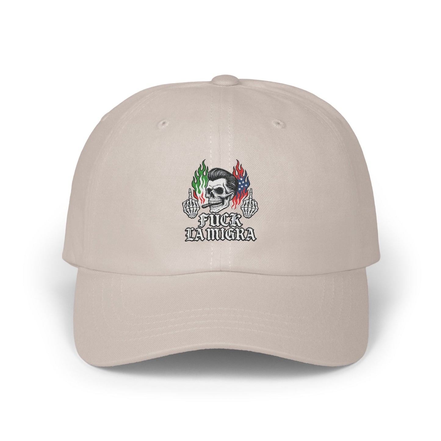 Skull with Flames Design Embroidered Dad Hat product