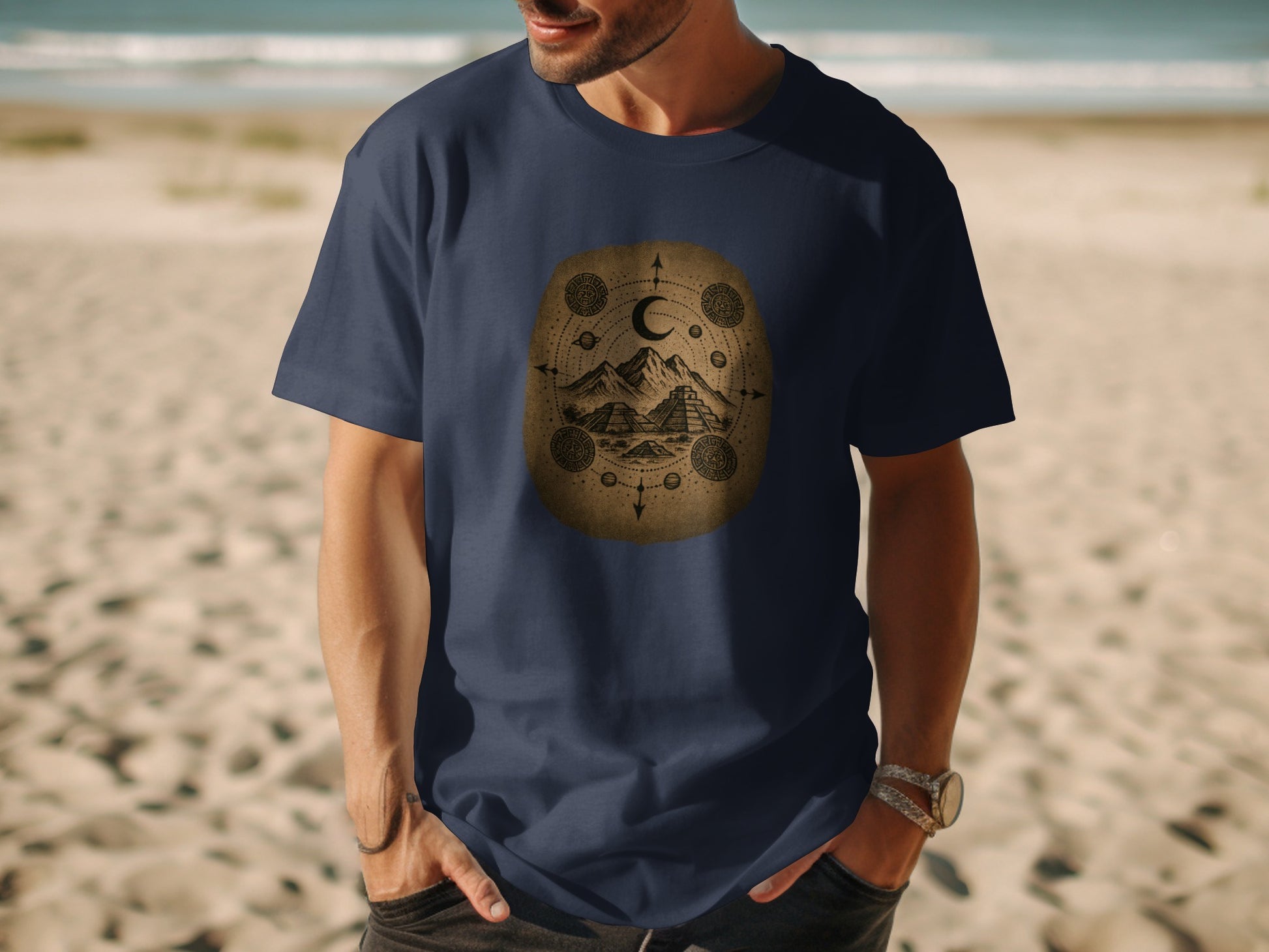 Mountain Moon Phases and Stars Graphic T shirt Product