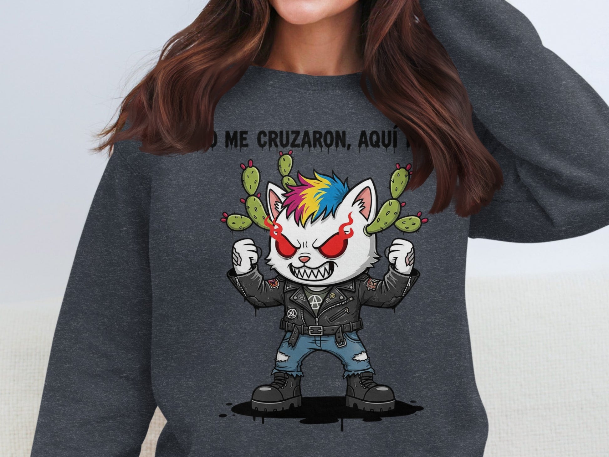 Colorful Angry Cartoon Cat on Cactus Sweatshirt product
