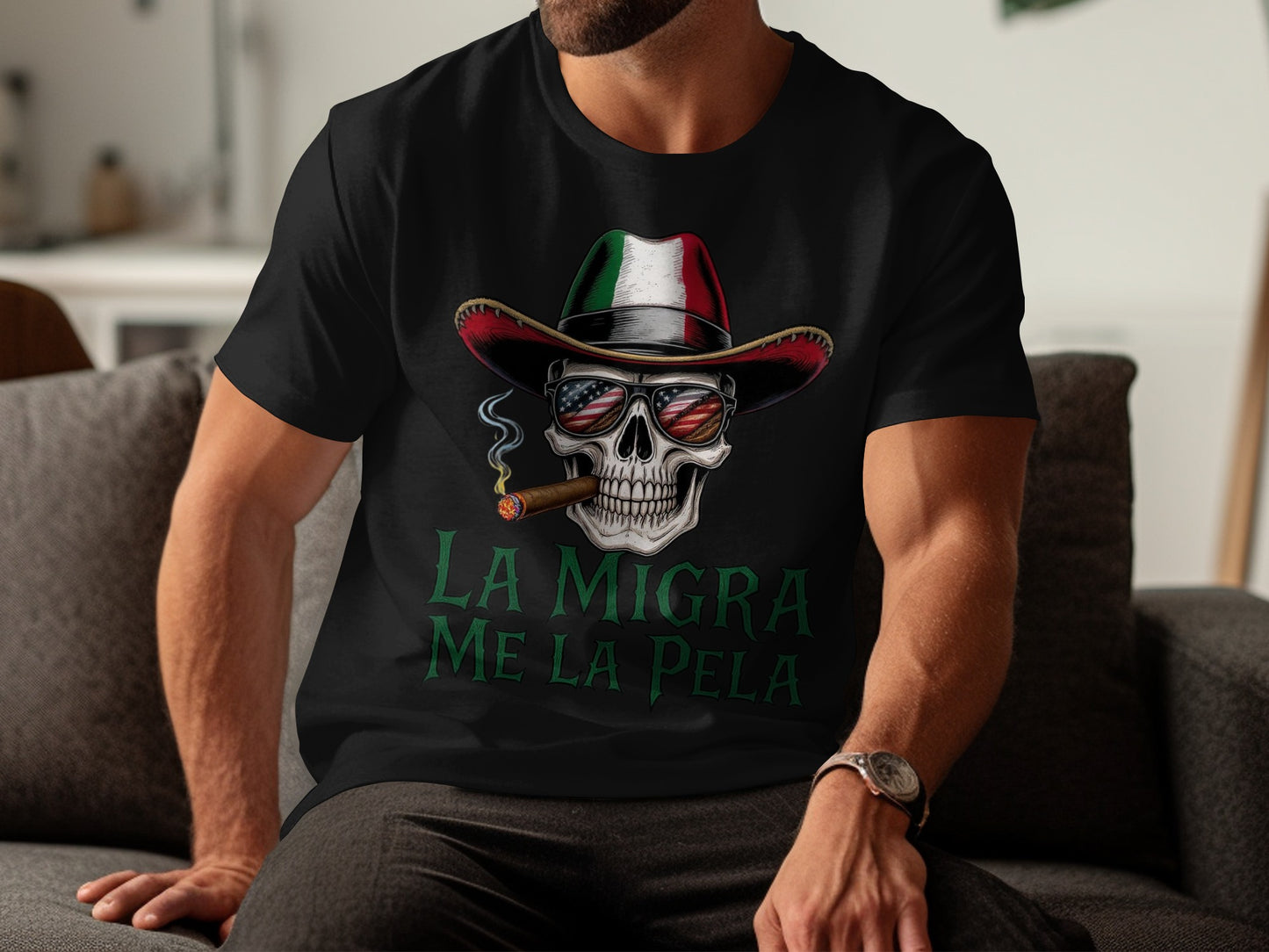 La Migra Me La Pela Skull Smoking Cigar T-Shirt product