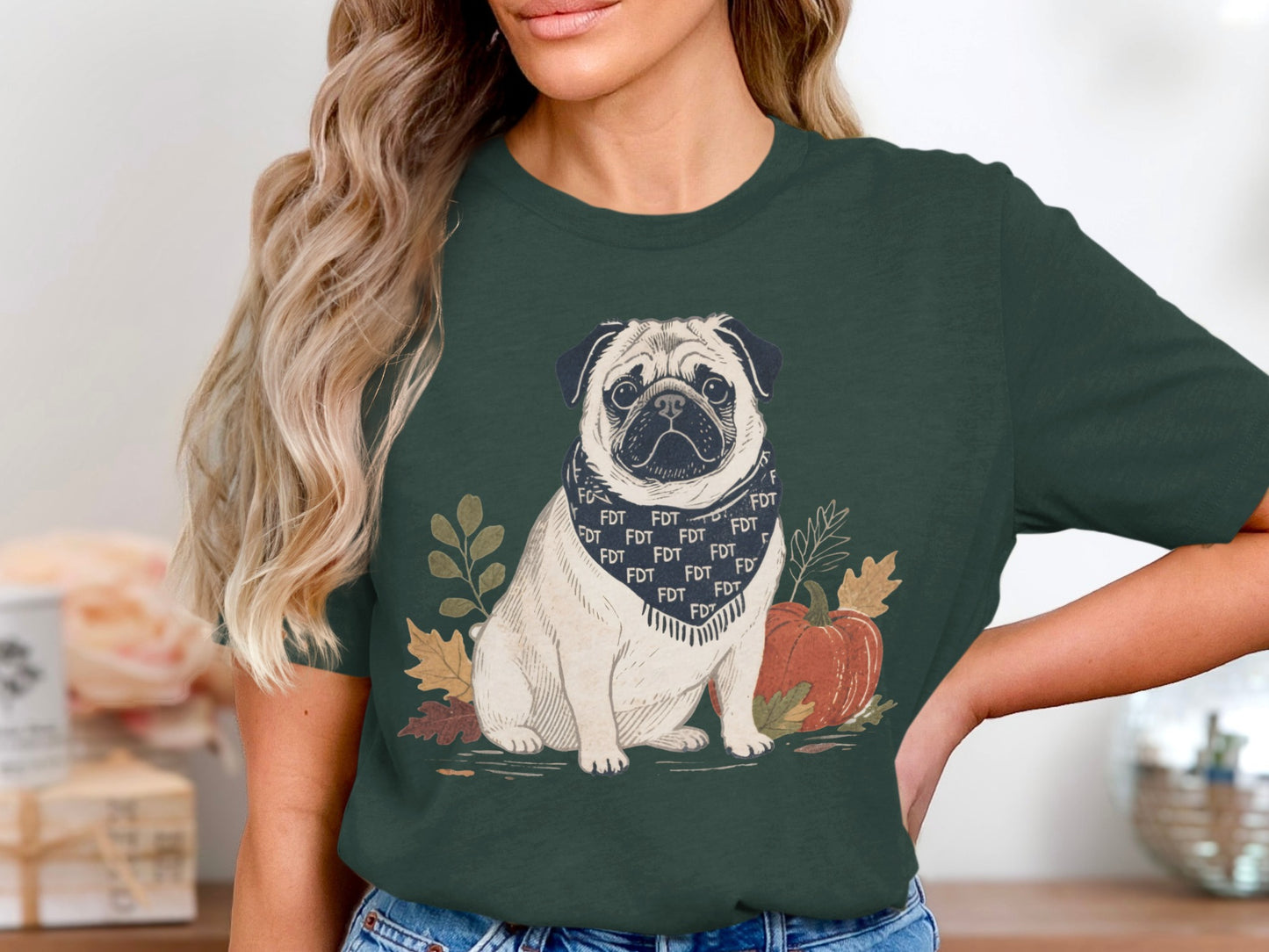 Cute Pug Graphic Tee with Fall Leaves and Pumpkin