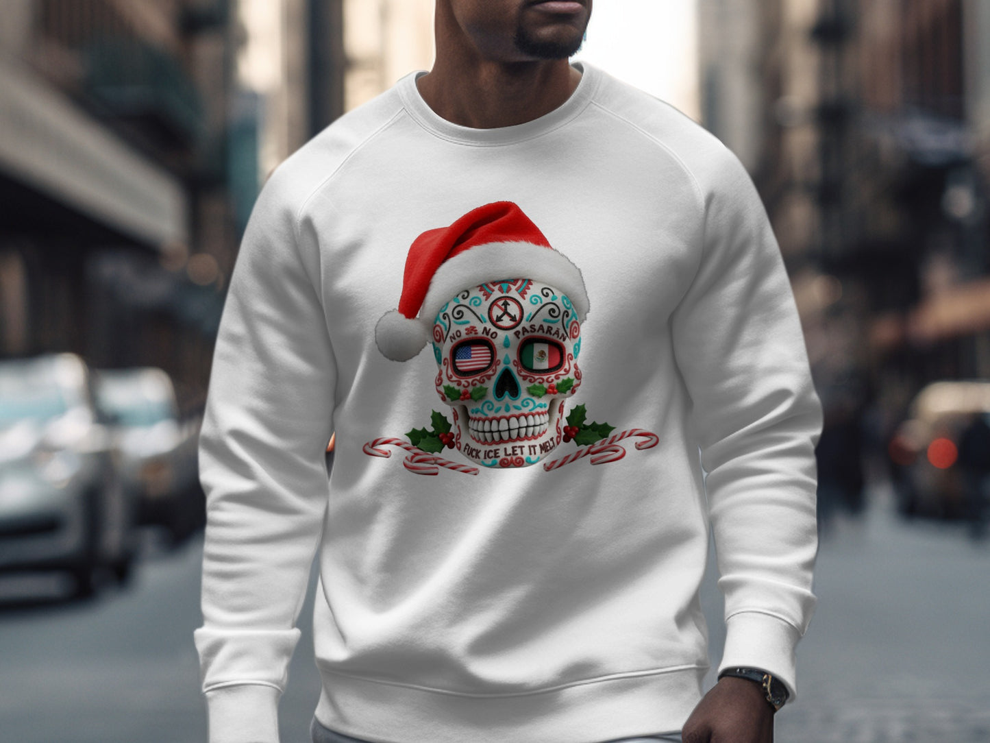 Festive Skull Santa Sweatshirt For Holiday Enthusiasts