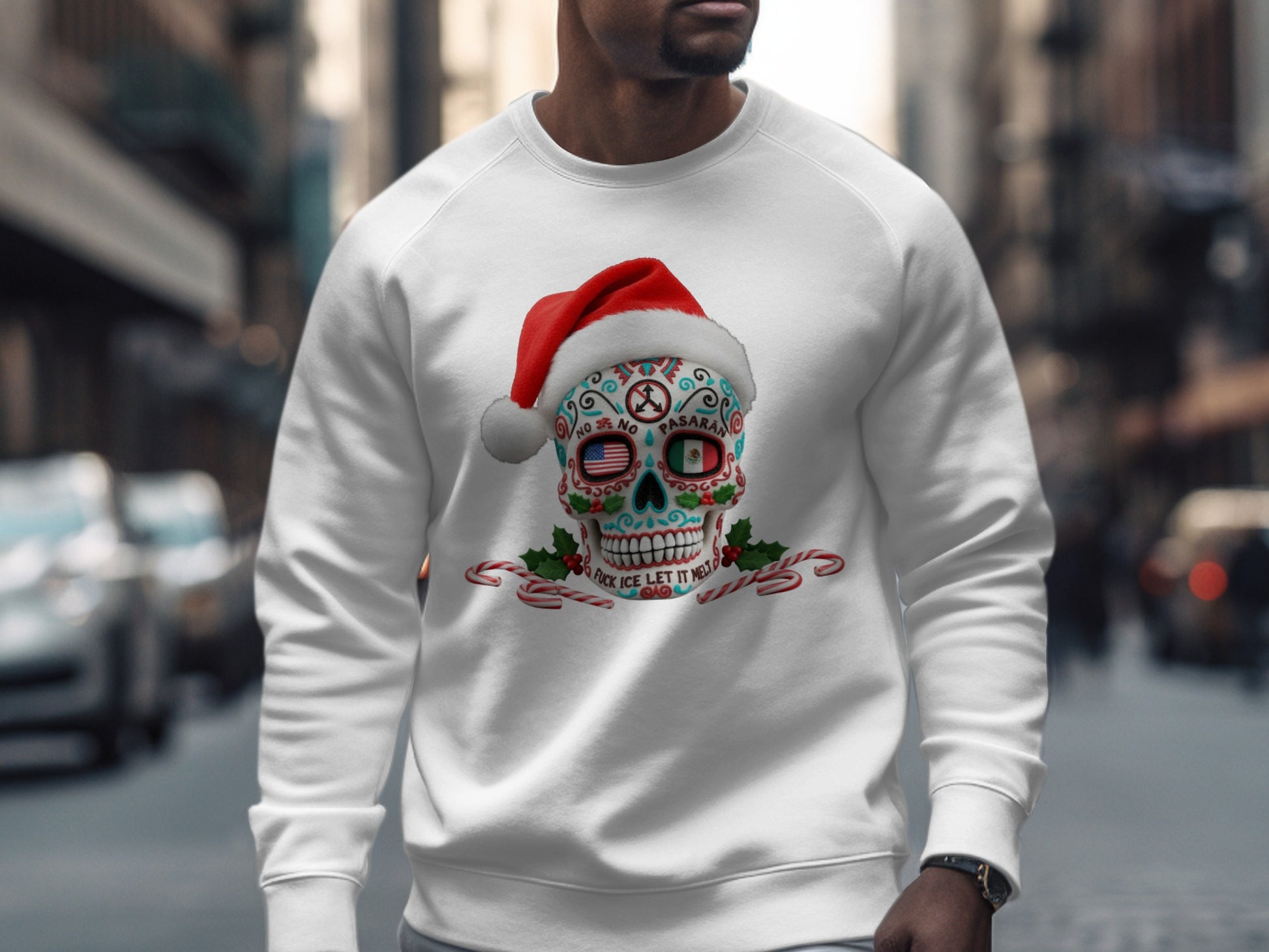 Festive Skull Santa Sweatshirt For Holiday Enthusiasts