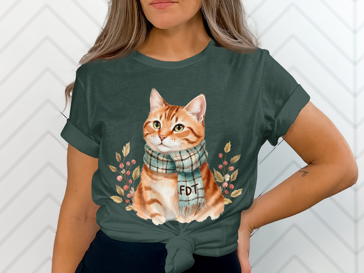 Charming Cat with Plaid Scarf Adorable T-shirt