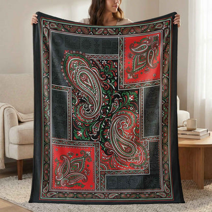 Vibrant Paisley Patchwork Blanket, Bohemian Red Black Green Throw, Intricate Ethnic Design, Artistic Folk Art Print, Unique Cozy Blankets