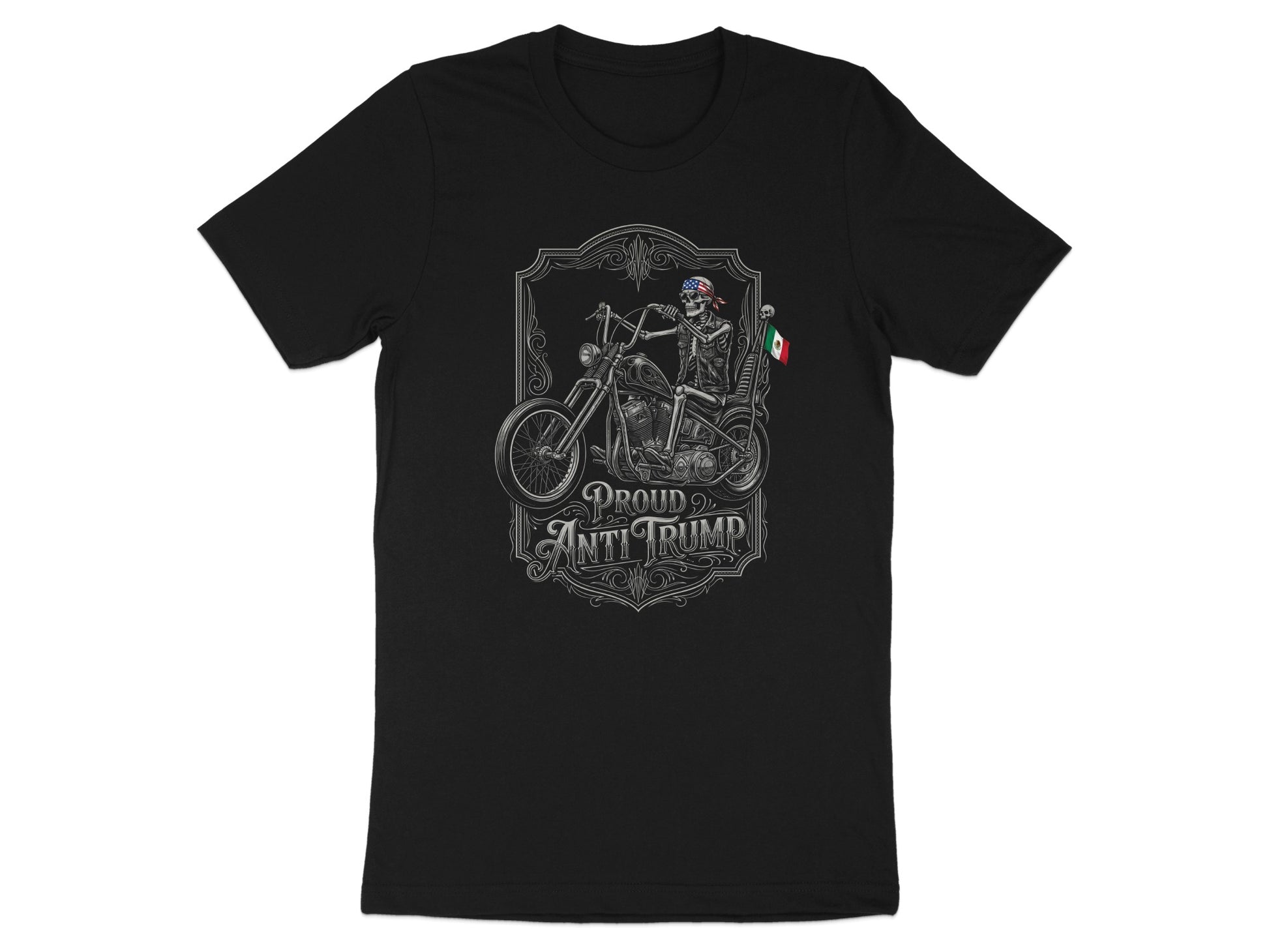 Black t-shirt with skull rider on motorcycle graphic, "Proud Anti Trump" text.