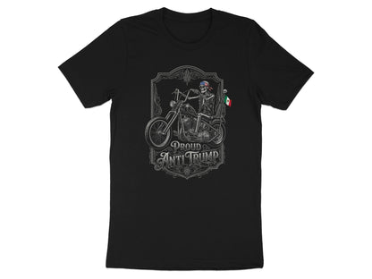 Black t-shirt with skull rider on motorcycle graphic, "Proud Anti Trump" text.