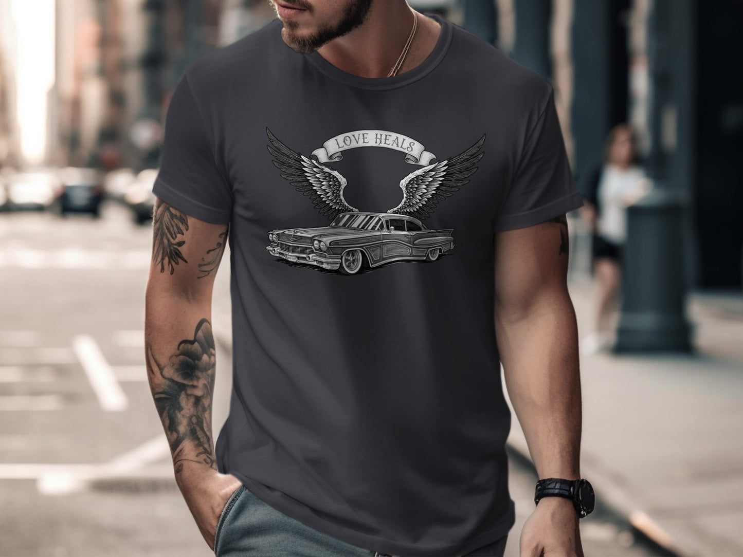 Love Heals Classic Car with Wings Graphic T-shirt