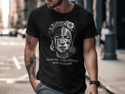 Black t-shirt with a split portrait of Frida Kahlo, half American flag, half floral.