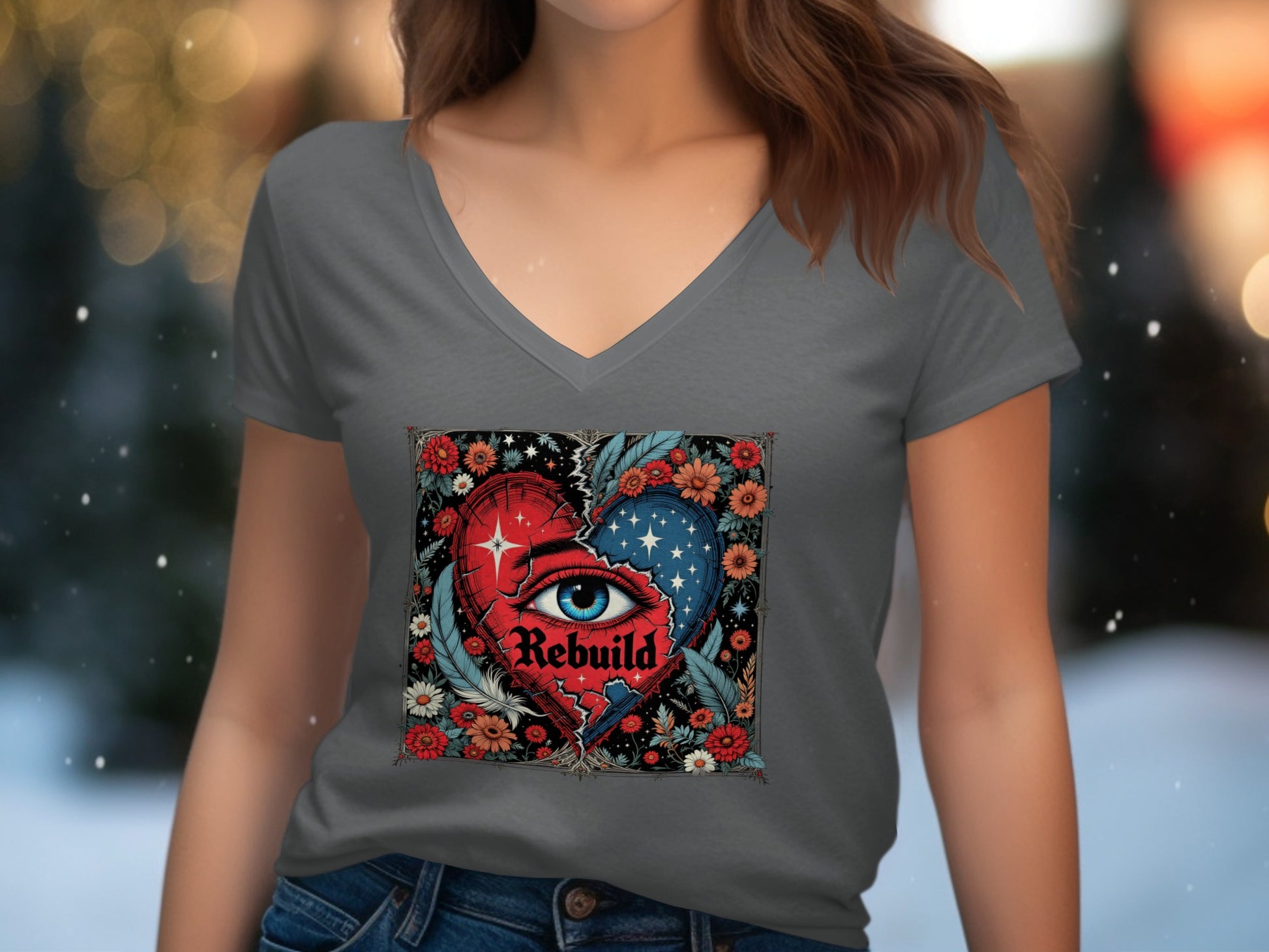 Rebuild Eye Floral Heart Design V-Neck T-Shirt product