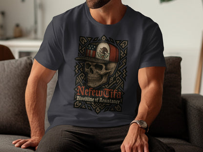 Skull Wearing Hat Design with Bold Text T-shirt
