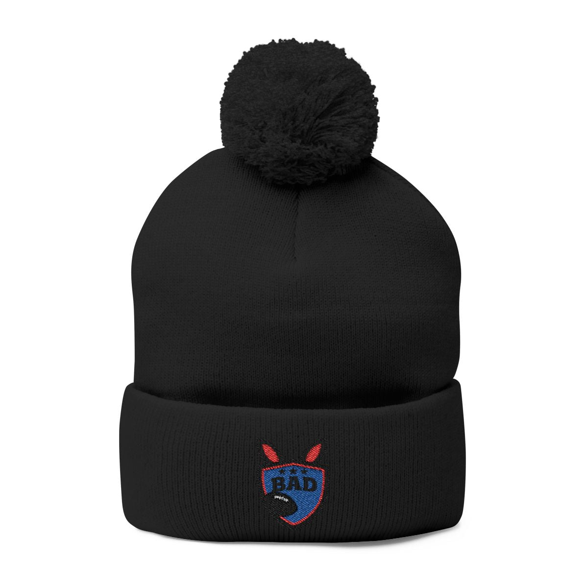 Stylish Black Pom Pom Beanie with Embroidered Logo Hat
