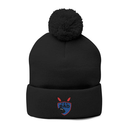 Stylish Black Pom Pom Beanie with Embroidered Logo Hat