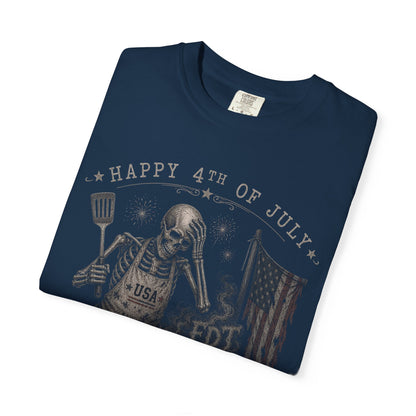 Navy t-shirt with skeleton grilling and "Happy 4th of July USA" text.