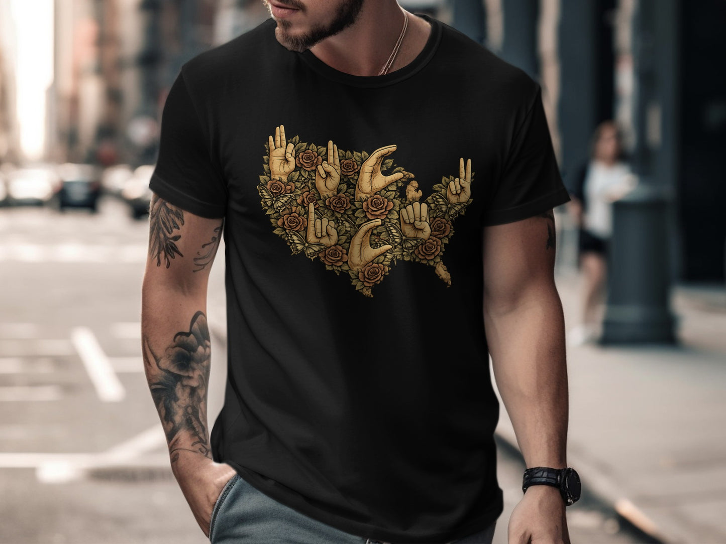 Unique Graphic Hand Sign and Rose Design T-Shirt
