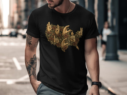 Unique Graphic Hand Sign and Rose Design T-Shirt
