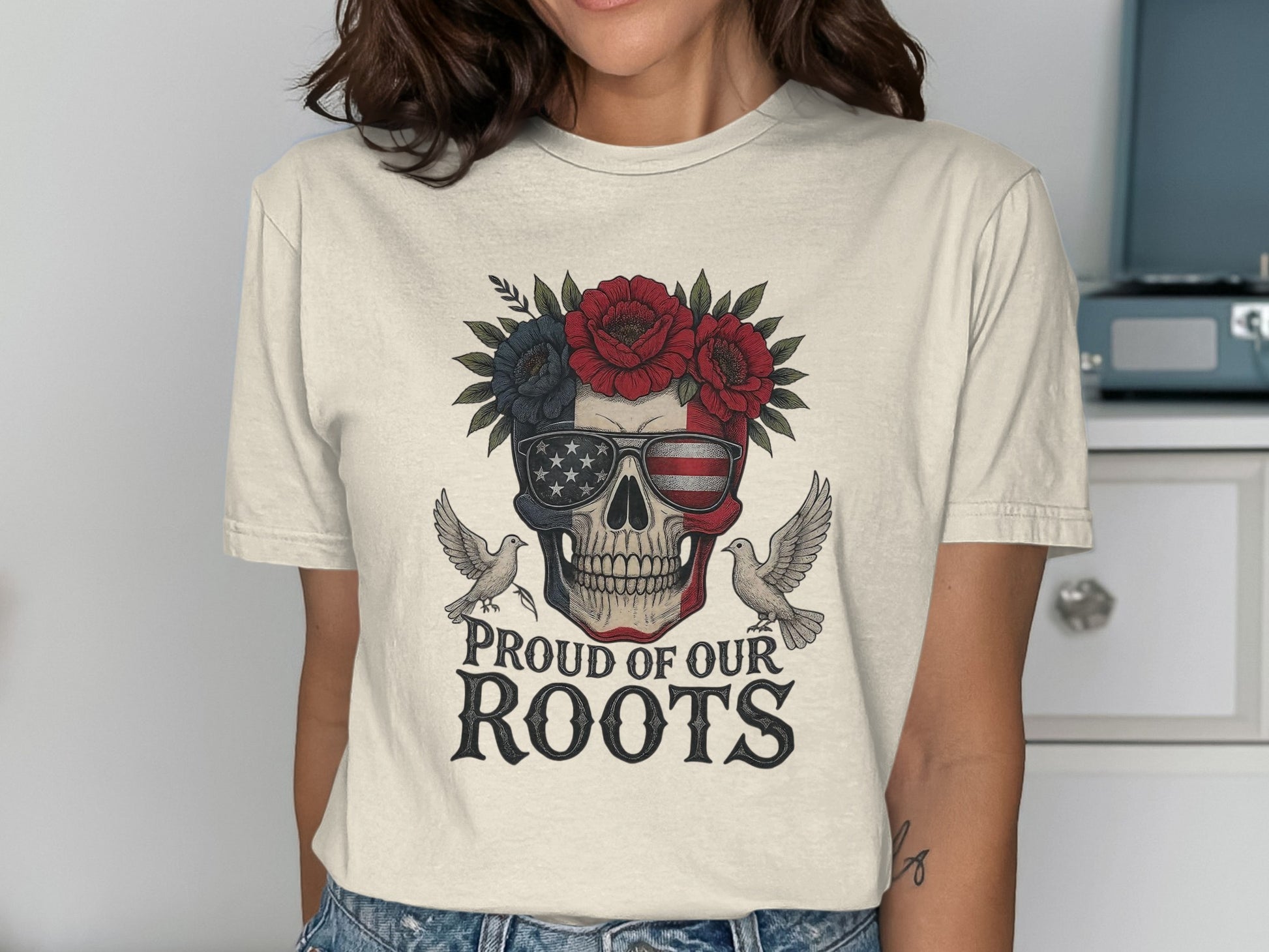 Proud of Our Roots Skull and Doves Design Shirt product type