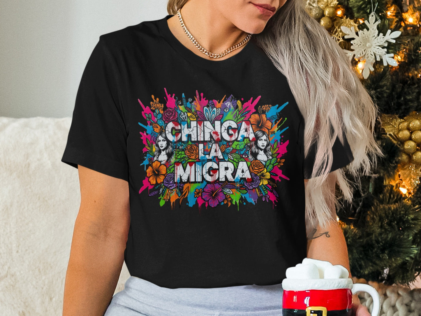 Chinga La Migra Artistic Typography Graphic T-shirt