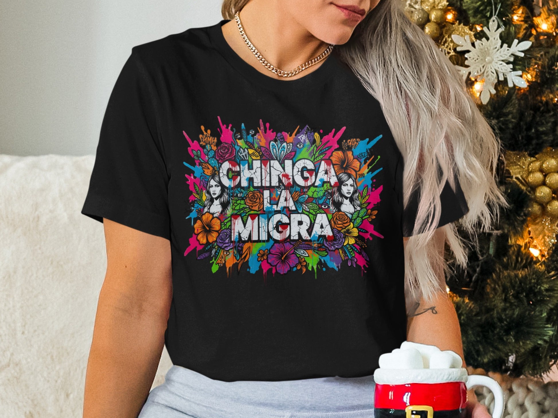 Chinga La Migra Artistic Typography Graphic T-shirt