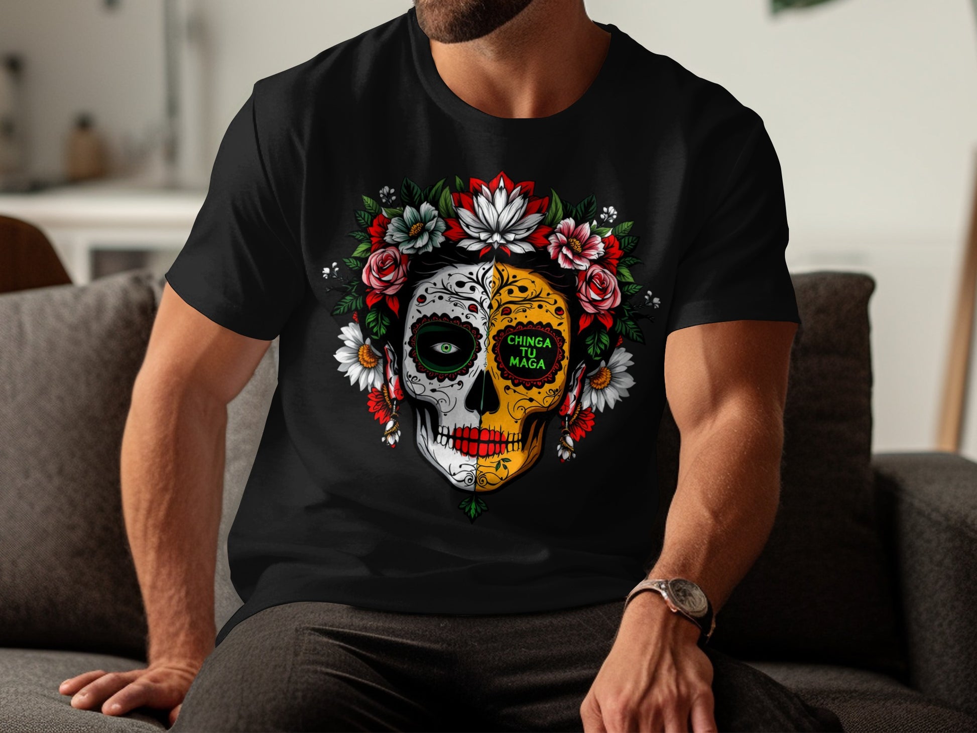 Day of the Dead Festive Skull Design on T-shirt product type