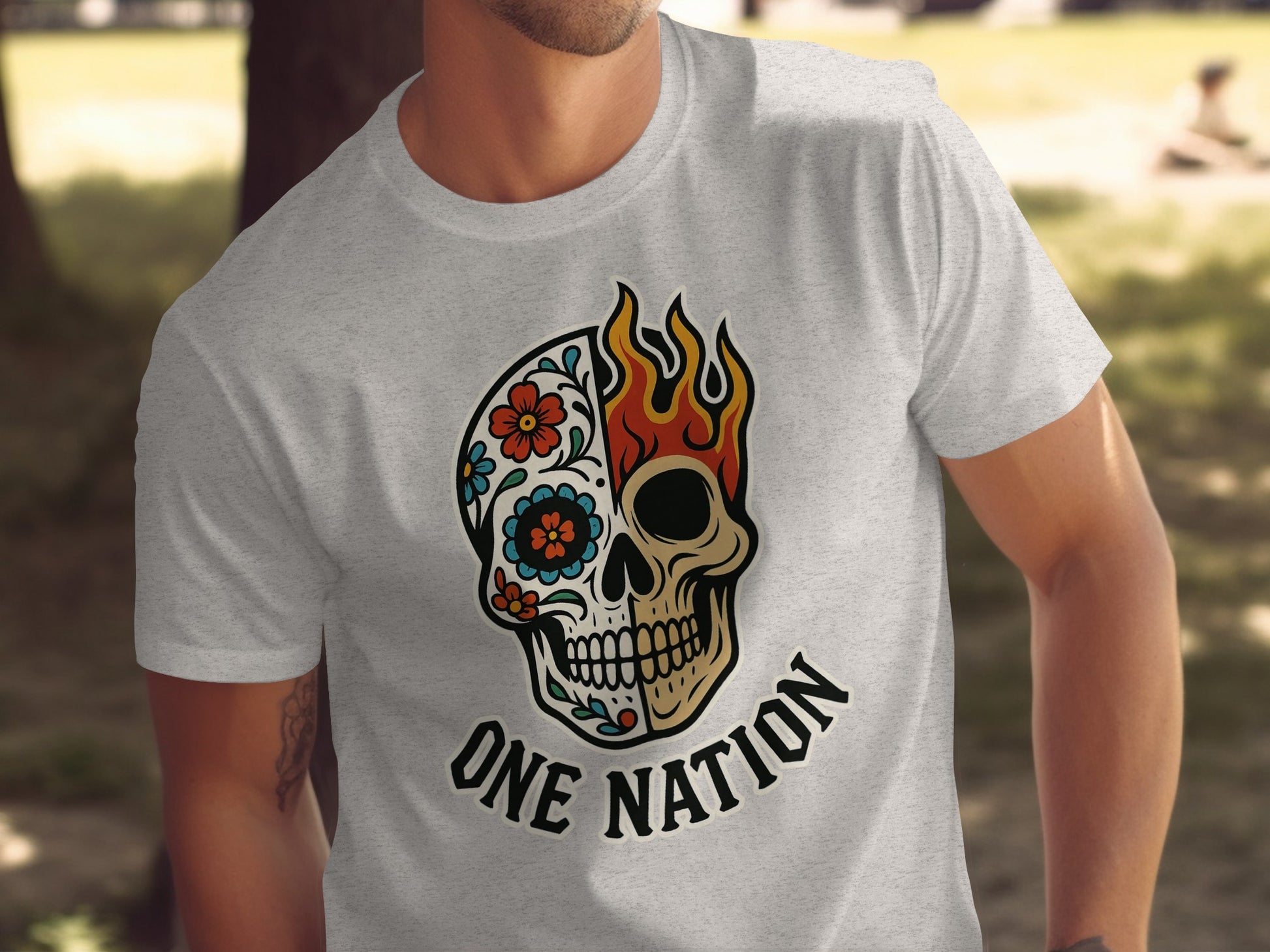 Skull with Flower and Flames Graphic One Nation Shirt product