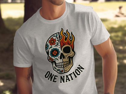 Skull with Flower and Flames Graphic One Nation Shirt product