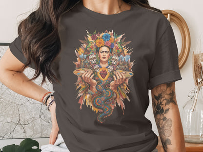 Frida Kahlo portrait flowers skulls vibrant art product type