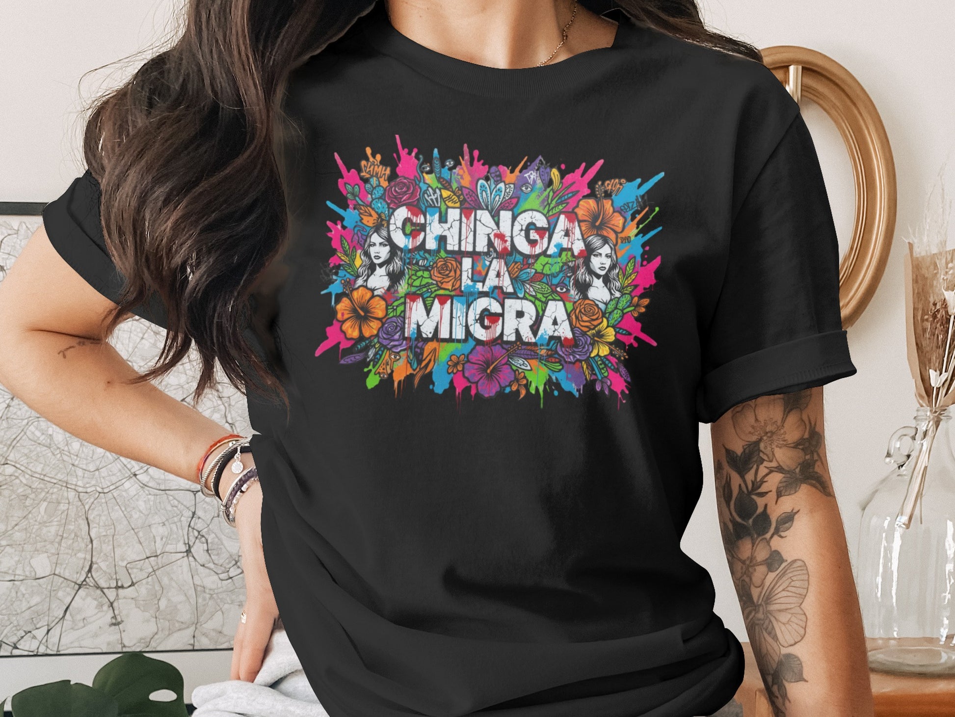 Bright Colorful Chinga Na Migra Art Women's Shirt